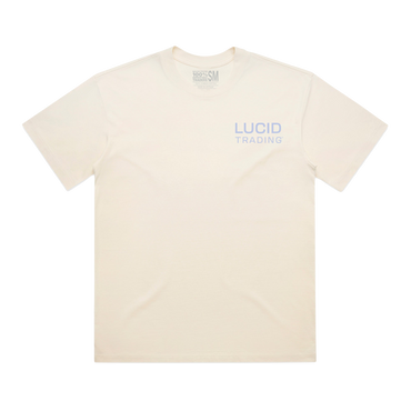 Beige t-shirt with 'Lucid Trading' logo on a white background
