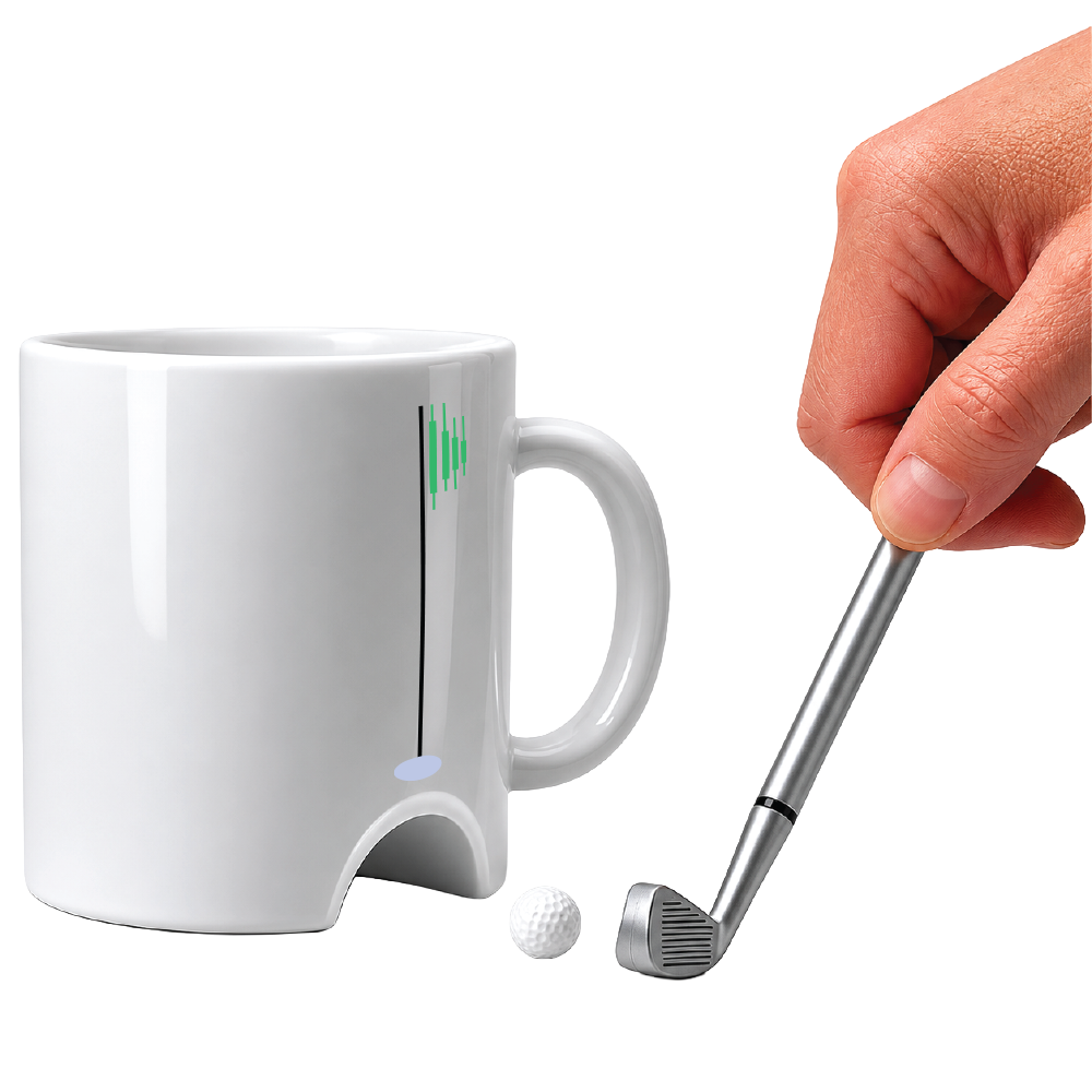 White mug with golf-themed design, including a golf club and ball, on a white background.