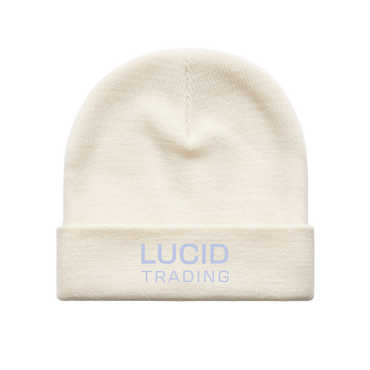 Beige beanie with 'Lucid Trading' logo on a white background