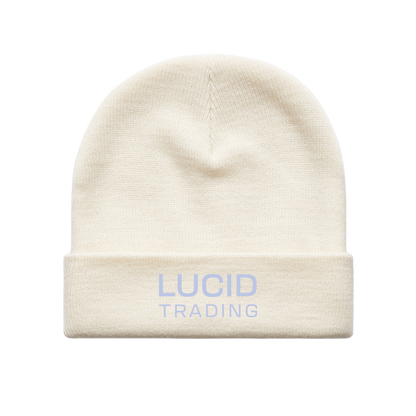 Beige beanie with 'Lucid Trading' logo on a white background