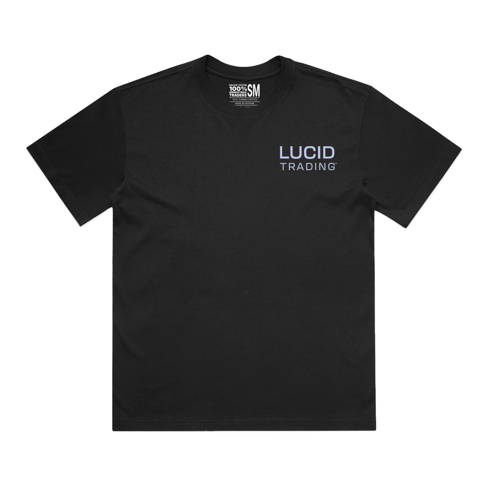 Black t-shirt with 'LUCID TRADING' text on a white background