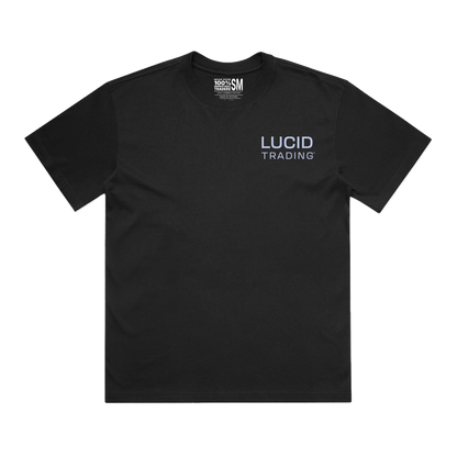 Black t-shirt with 'LUCID TRADING' text on a white background