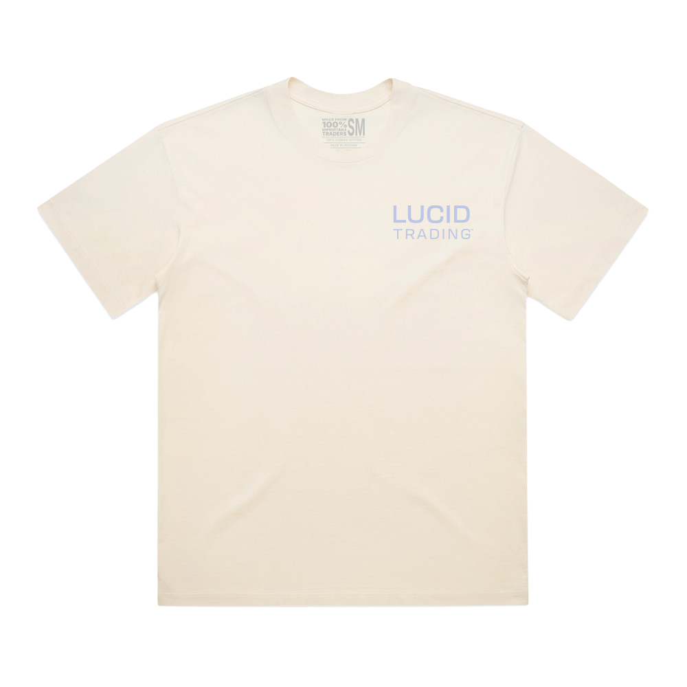 Beige t-shirt with 'Lucid Trading' logo on a white background