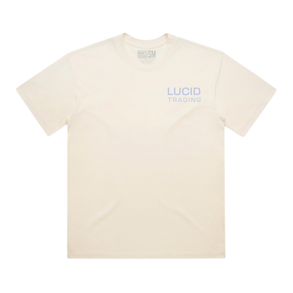 Beige t-shirt with 'Lucid Trading' logo on a white background