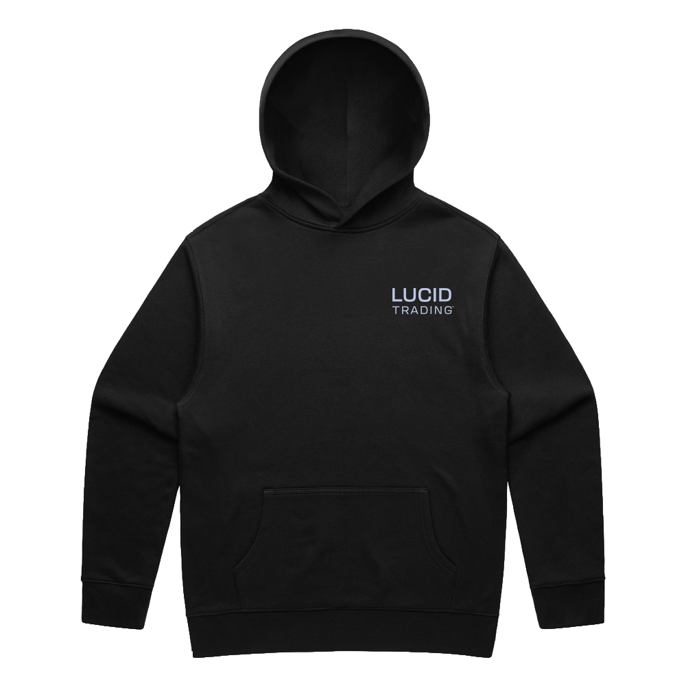 Black hoodie with 'LUCID TRADING' logo on a white background