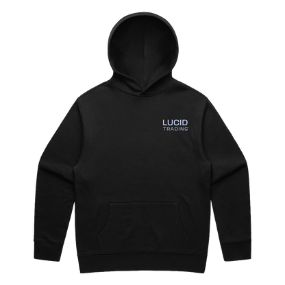 Black hoodie with 'LUCID TRADING' logo on a white background