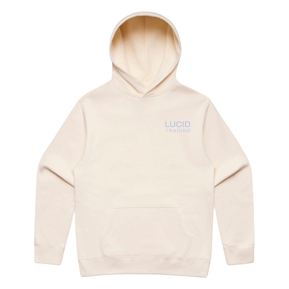 Beige hoodie with 'LUCID' branding on a white background