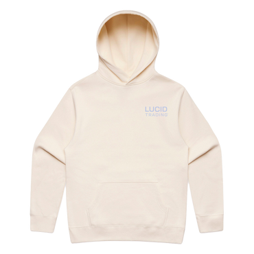Beige hoodie with 'LUCID' branding on a white background