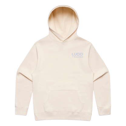Beige hoodie with 'LUCID' branding on a white background