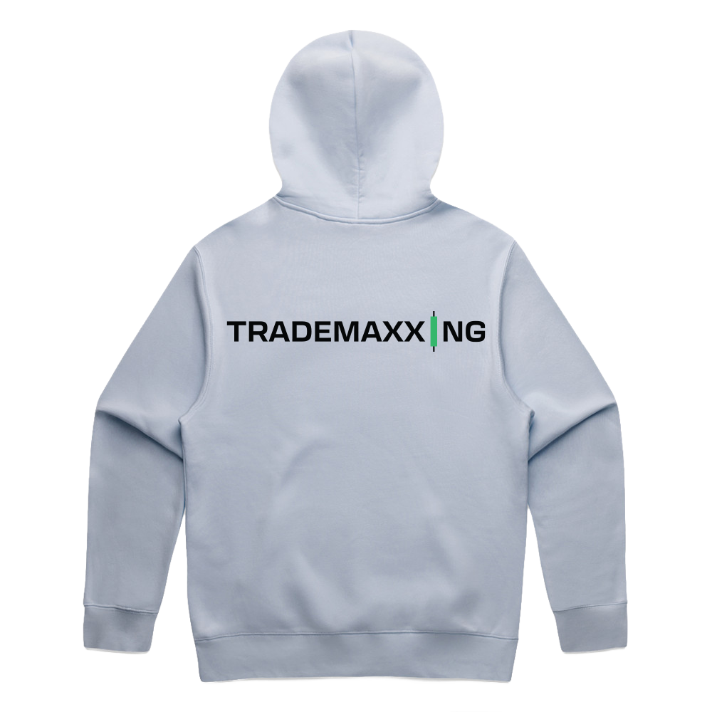 Light gray hoodie with 'TRADEMAXXING' logo on the back against a white background