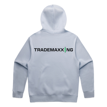 Light gray hoodie with 'TRADEMAXXING' logo on the back against a white background