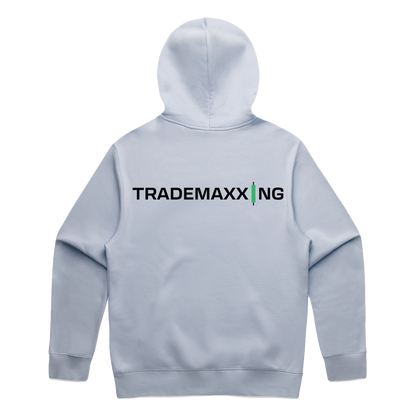 Light gray hoodie with 'TRADEMAXXING' logo on the back against a white background