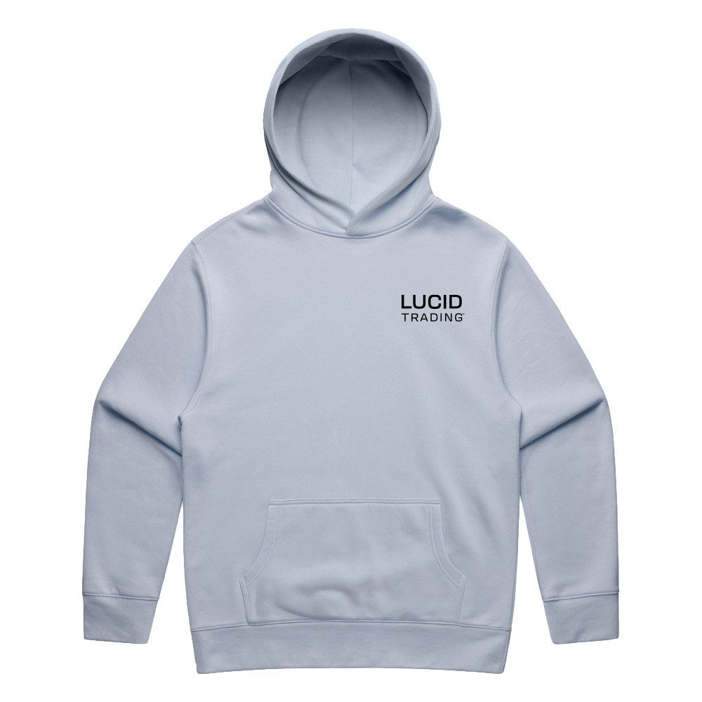 Light gray hoodie with 'LUCID TRADING' logo on a white background