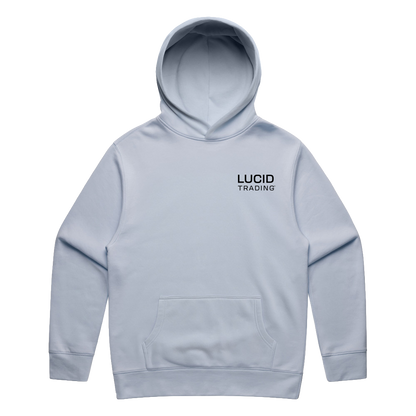 Light gray hoodie with 'LUCID TRADING' logo on a white background