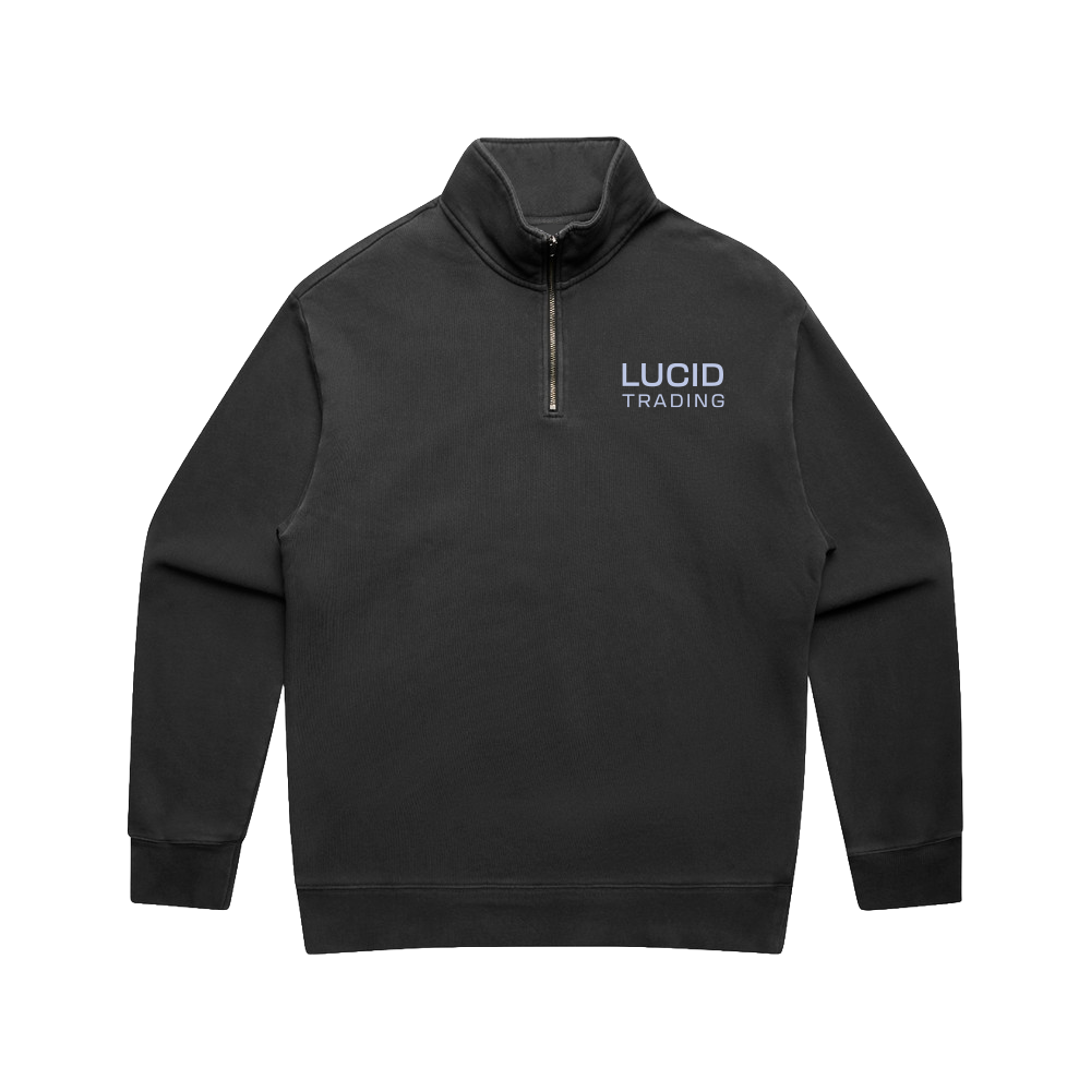 Black quarter-zip sweatshirt with 'Lucid Trading' logo on a white background