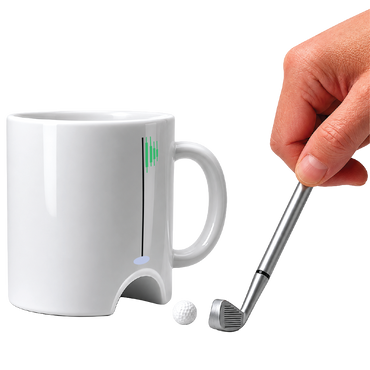 White mug with golf-themed design, including a golf club and ball, on a white background.