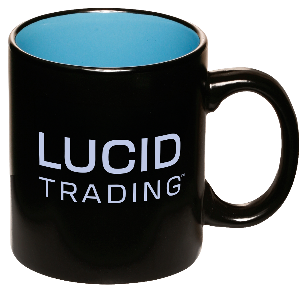 Black mug with 'Lucid Trading' logo on a white background
