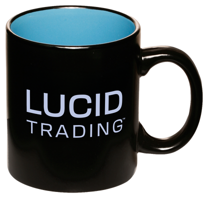 Black mug with 'Lucid Trading' logo on a white background