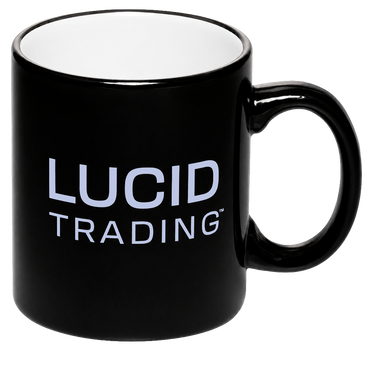 Black mug with 'Lucid Trading' text on a white background