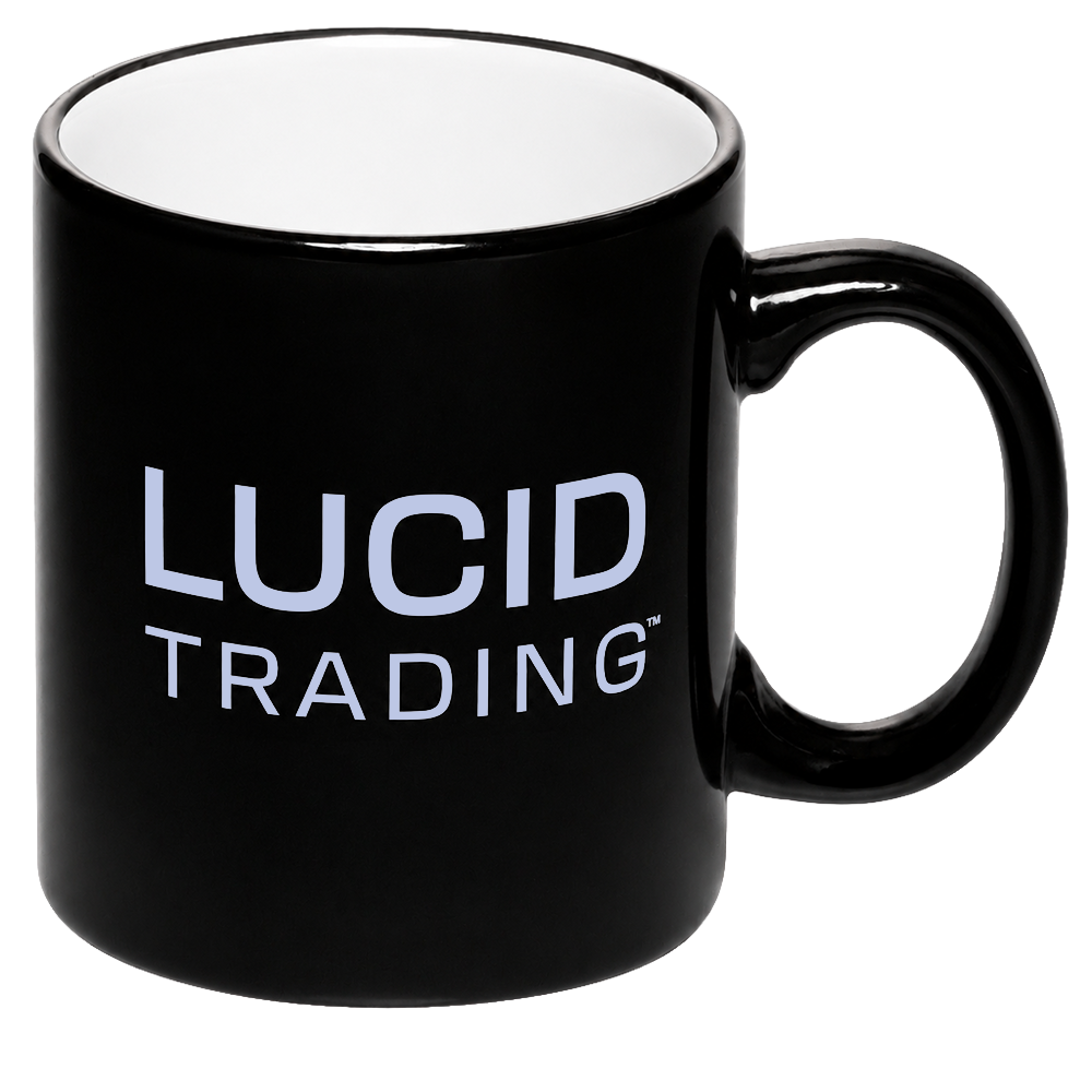 Black mug with 'Lucid Trading' text on a white background