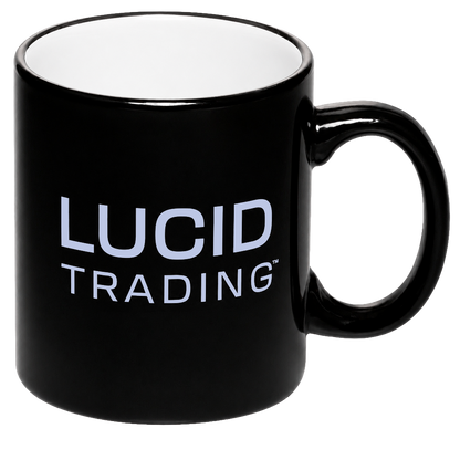 Black mug with 'Lucid Trading' text on a white background